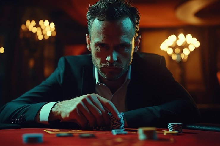 Dealer Three Card Poker di studio jeniustoto menampilkan kartu di atas meja hijau